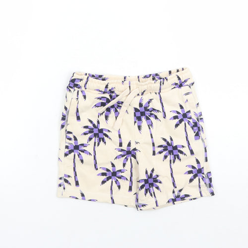 Marks and Spencer Boys Beige Geometric Cotton Sweat Shorts Size 5-6 Years L6 in Regular Drawstring - Waist Size 22 inches Elasticated Waist Palm Trees