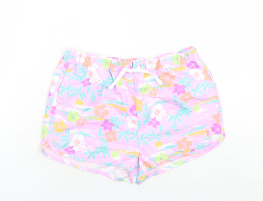 Marks and Spencer Boys Purple Floral Polyester Sweat Shorts Size 13-14 Years Regular Drawstring - Elasticated Waist Inside Leg 2in