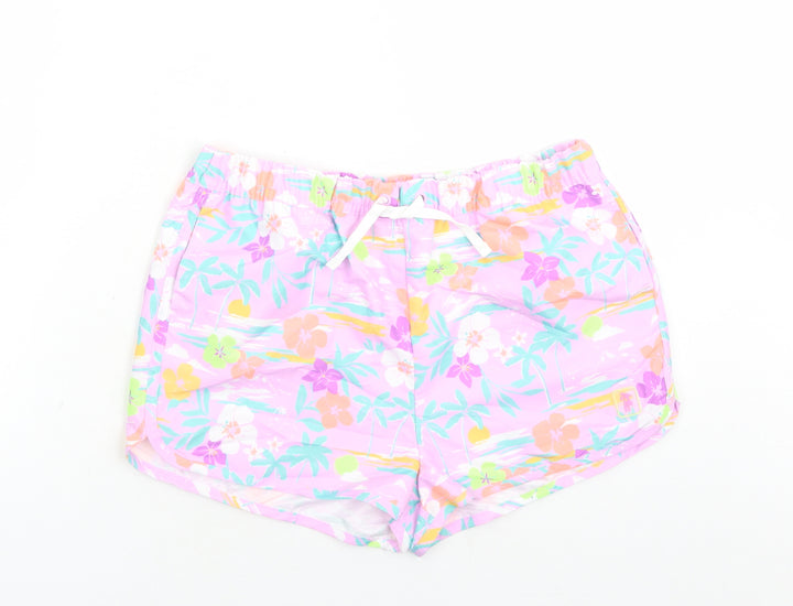 Marks and Spencer Boys Purple Floral Polyester Sweat Shorts Size 13-14 Years Regular Drawstring - Elasticated Waist Inside Leg 2in