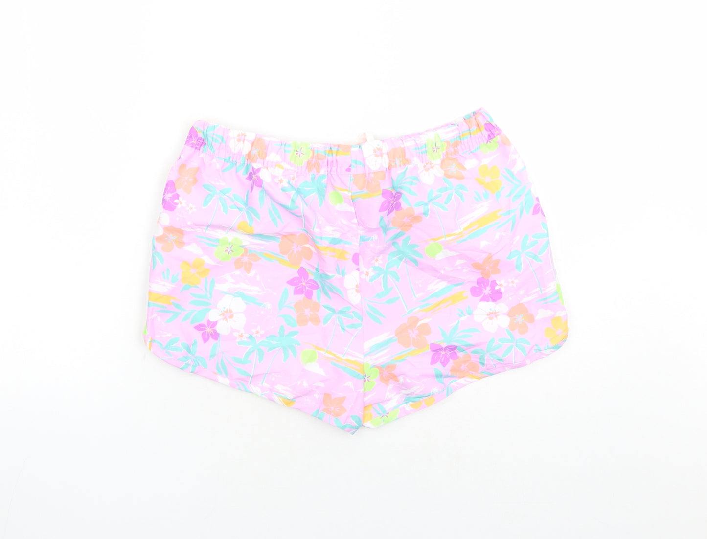 Marks and Spencer Boys Purple Floral Polyester Sweat Shorts Size 13-14 Years Regular Drawstring - Elasticated Waist Inside Leg 2in