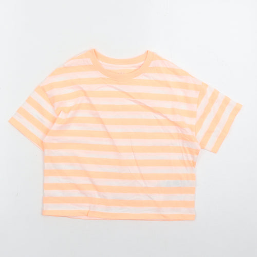 Marks and Spencer Girls Orange Striped Cotton Basic T-Shirt Size 7-8 Years Crew Neck Pullover