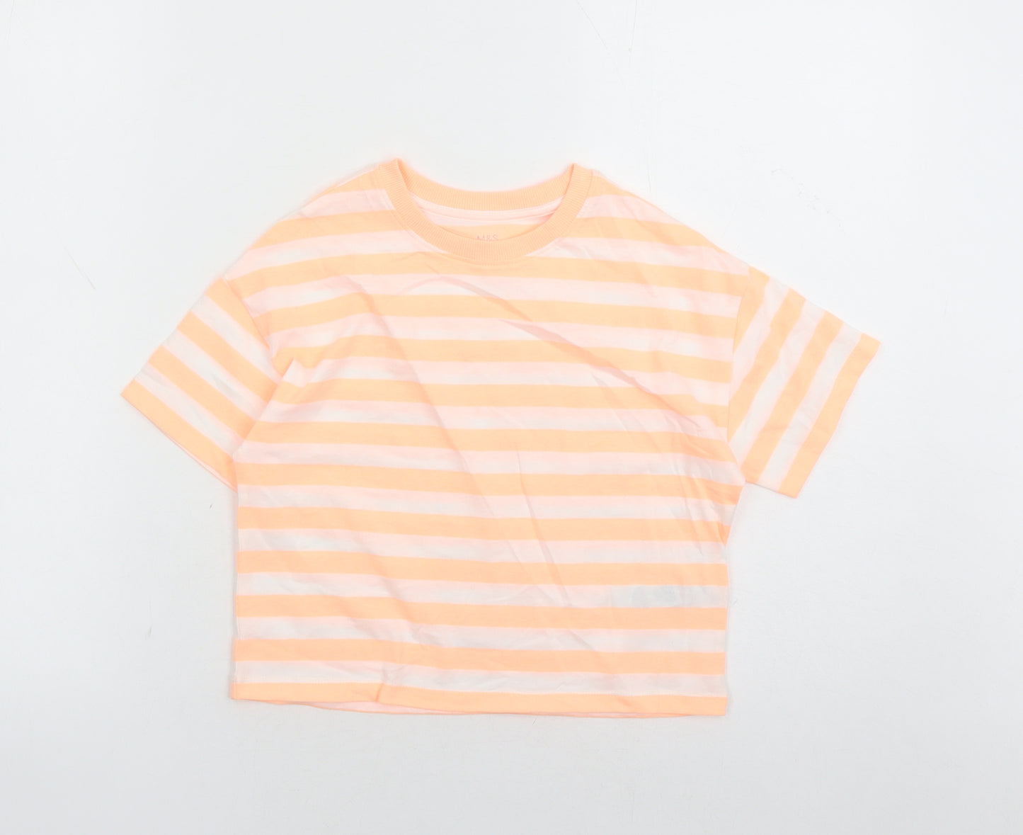 Marks and Spencer Girls Orange Striped Cotton Basic T-Shirt Size 7-8 Years Crew Neck Pullover