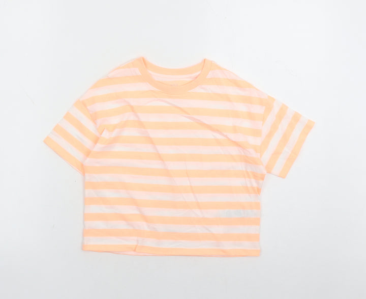 Marks and Spencer Girls Orange Striped Cotton Basic T-Shirt Size 7-8 Years Crew Neck Pullover