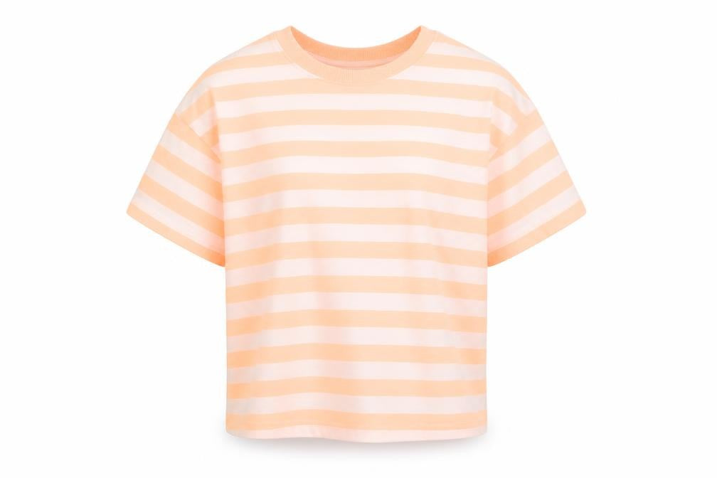 Marks and Spencer Girls Orange Striped Cotton Basic T-Shirt Size 7-8 Years Crew Neck Pullover