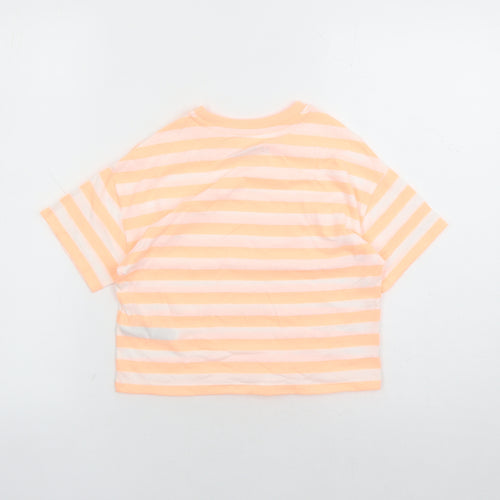 Marks and Spencer Girls Orange Striped Cotton Basic T-Shirt Size 7-8 Years Crew Neck Pullover