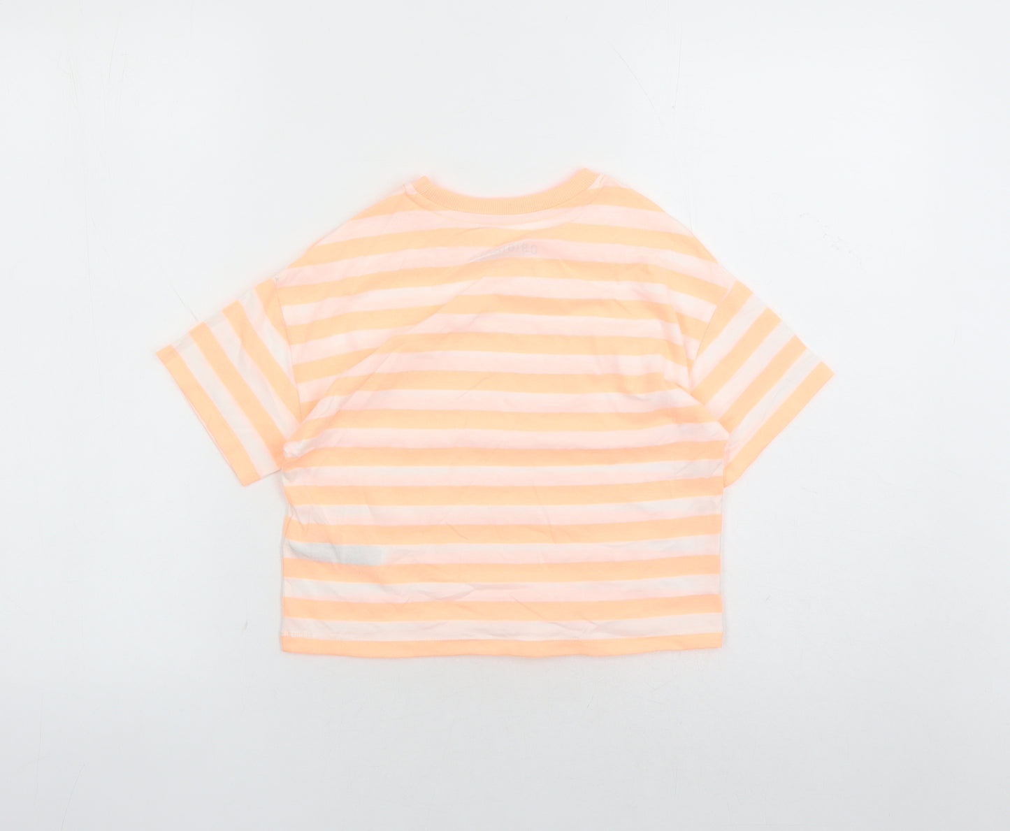 Marks and Spencer Girls Orange Striped Cotton Basic T-Shirt Size 7-8 Years Crew Neck Pullover