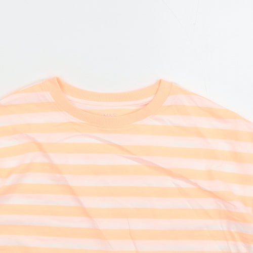 Marks and Spencer Girls Orange Striped Cotton Basic T-Shirt Size 7-8 Years Crew Neck Pullover