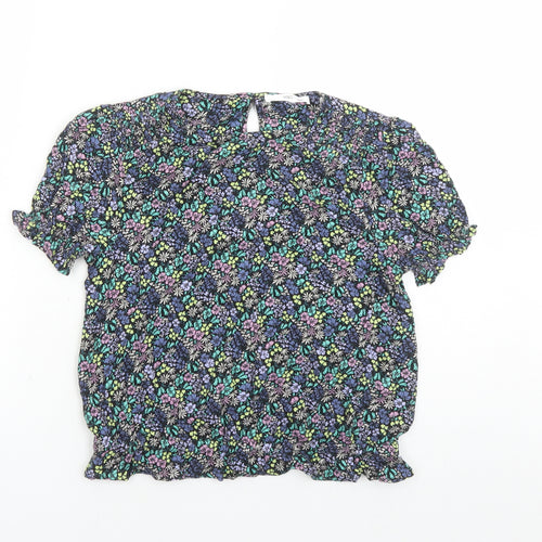 Marks and Spencer Girls Black Floral Viscose Basic Blouse Size 12-13 Years Round Neck Button