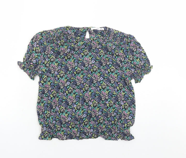 Marks and Spencer Girls Black Floral Viscose Basic Blouse Size 12-13 Years Round Neck Button