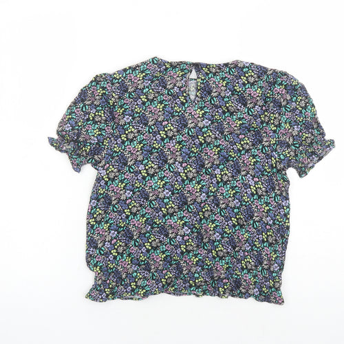 Marks and Spencer Girls Black Floral Viscose Basic Blouse Size 12-13 Years Round Neck Button