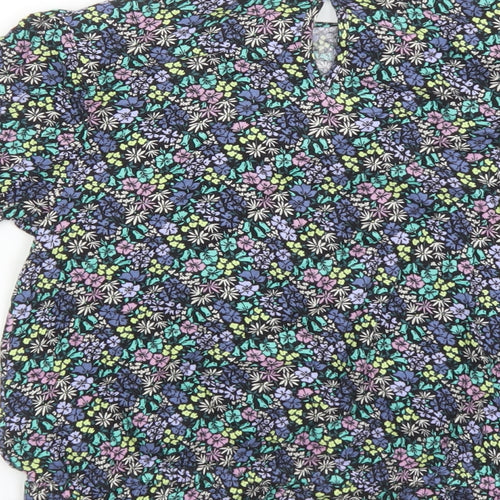 Marks and Spencer Girls Black Floral Viscose Basic Blouse Size 12-13 Years Round Neck Button