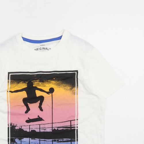 Marks and Spencer Boys White Cotton Basic T-Shirt Size 11-12 Years Crew Neck Pullover - Skateboard Graphic