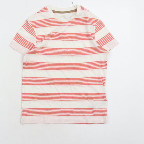 Marks and Spencer Boys White Striped Cotton Basic T-Shirt Size 6-7 Years Crew Neck Pullover