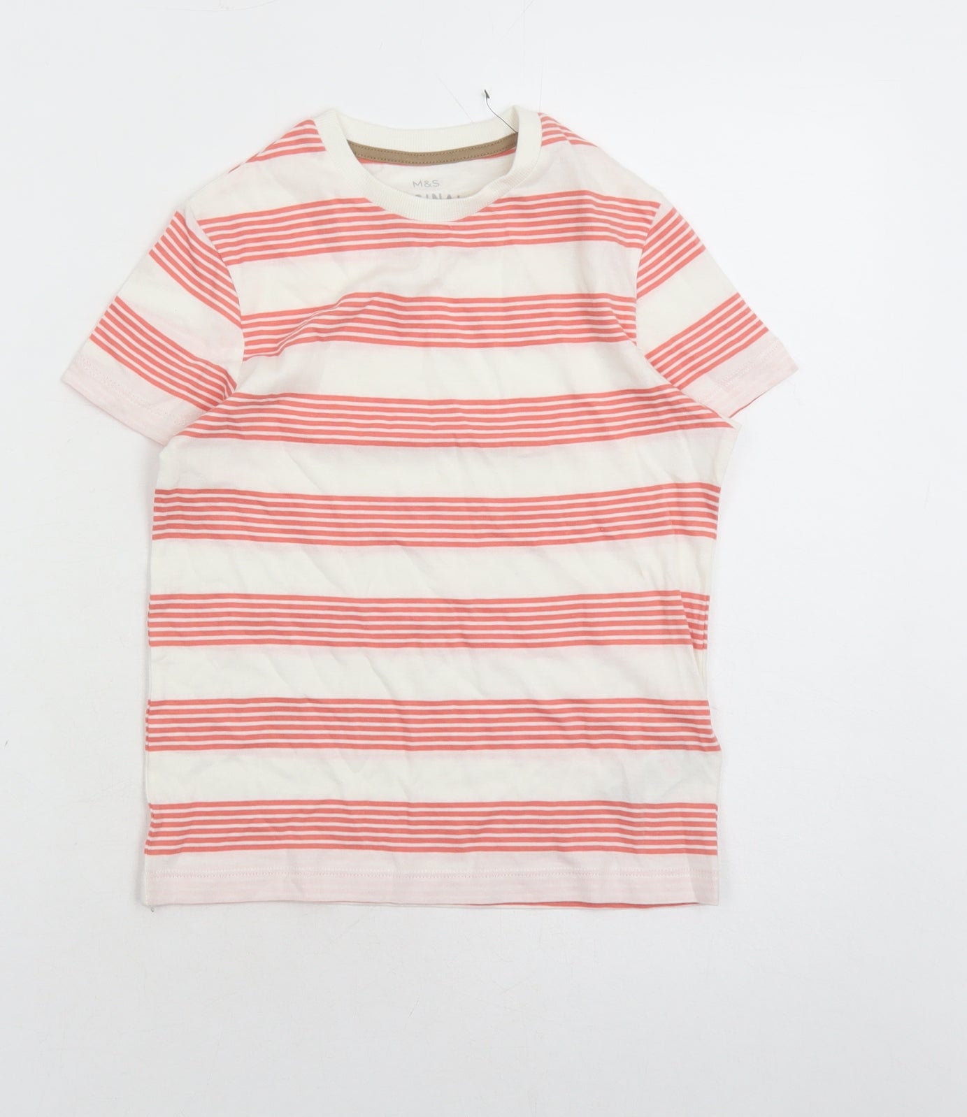 Marks and Spencer Boys White Striped Cotton Basic T-Shirt Size 6-7 Years Crew Neck Pullover