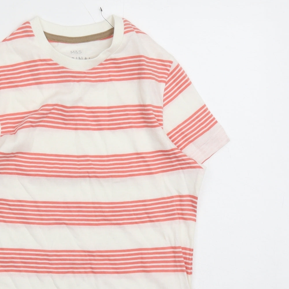 Marks and Spencer Boys White Striped Cotton Basic T-Shirt Size 6-7 Years Crew Neck Pullover