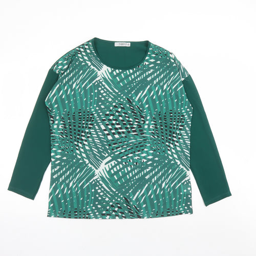 Cadena Womens Green Geometric Polyester Basic Blouse Size 14 Round Neck