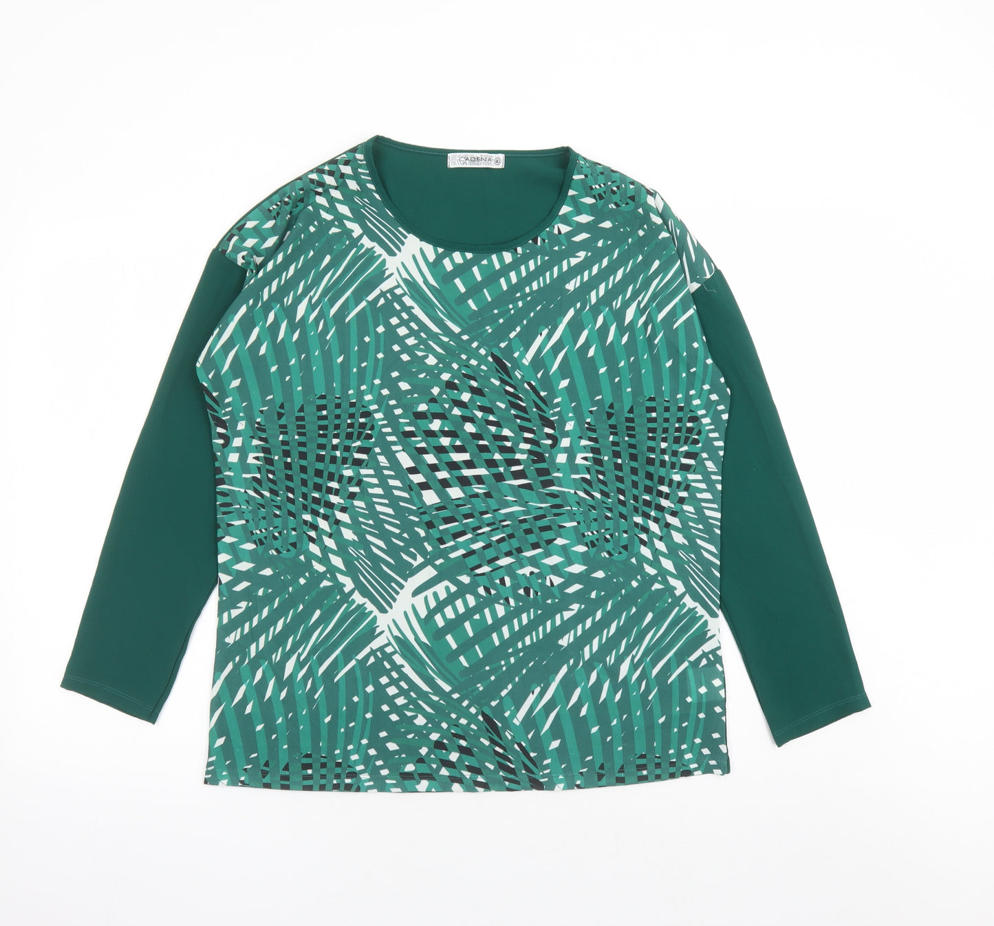 Cadena Womens Green Geometric Polyester Basic Blouse Size 14 Round Neck