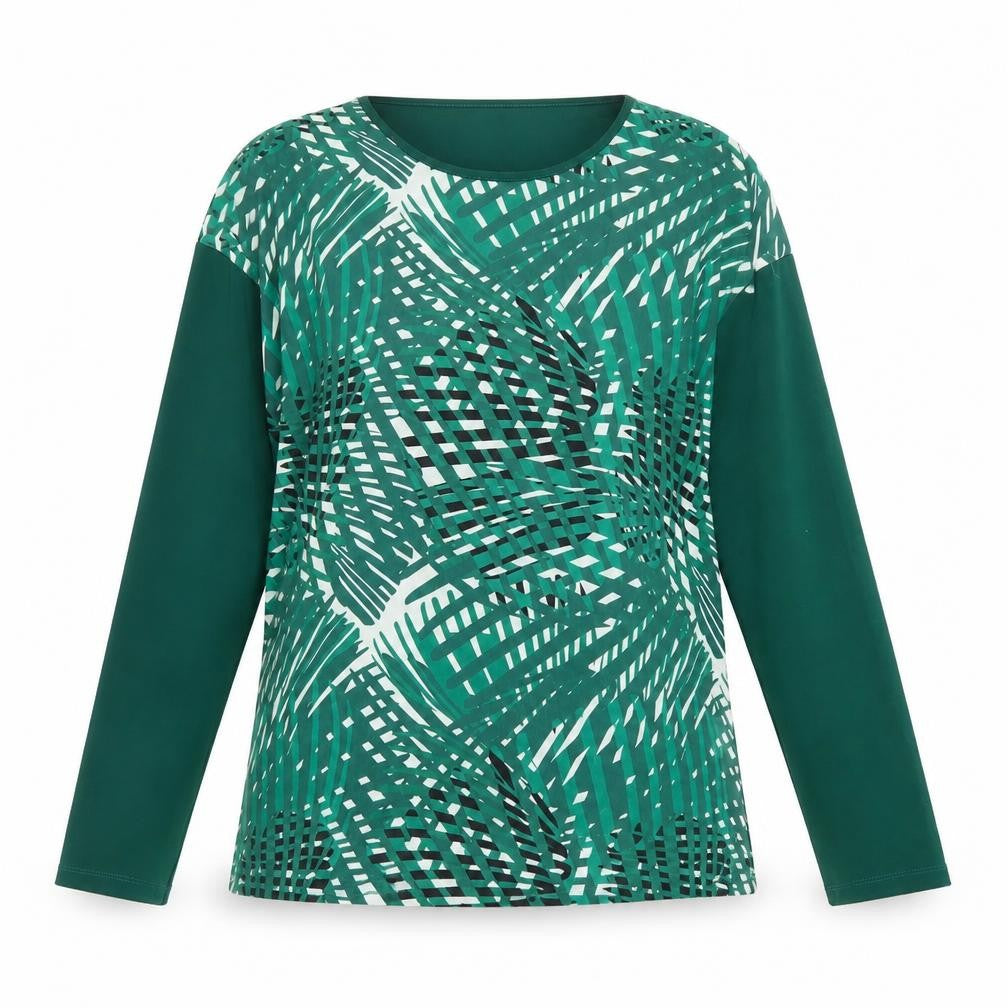 Front view of Cadena women’s green geometric polyester basic blouse, size UK 14, round neck