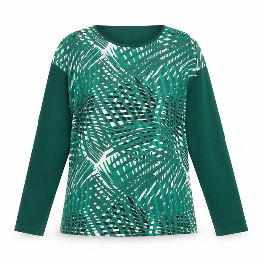 Front view of Cadena women’s green geometric polyester basic blouse, size UK 14, round neck