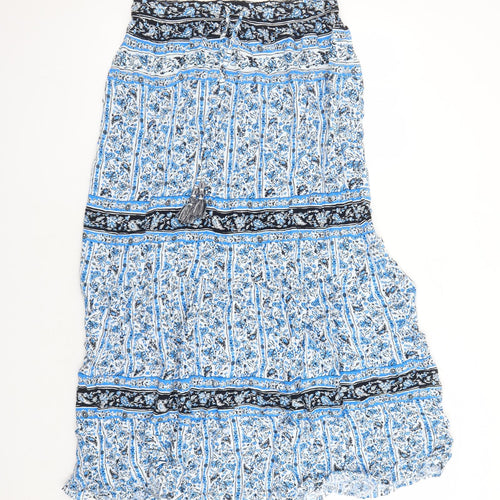 Marks and Spencer Womens Blue Geometric Viscose Peasant Skirt Size 12 - Elasticated Waist Tassel