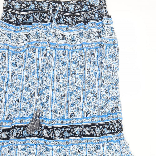 Marks and Spencer Womens Blue Geometric Viscose Peasant Skirt Size 12 - Elasticated Waist Tassel