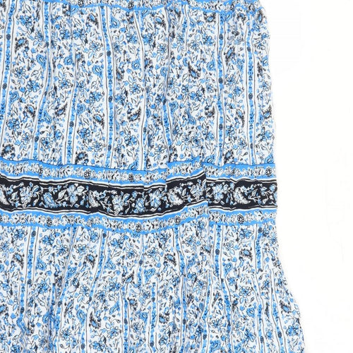 Marks and Spencer Womens Blue Geometric Viscose Peasant Skirt Size 12 - Elasticated Waist Tassel