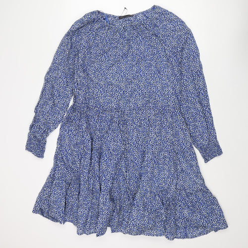 Marks and Spencer Womens Blue Floral Cotton A-Line Size 12 Round Neck Button - Drawstring Waist