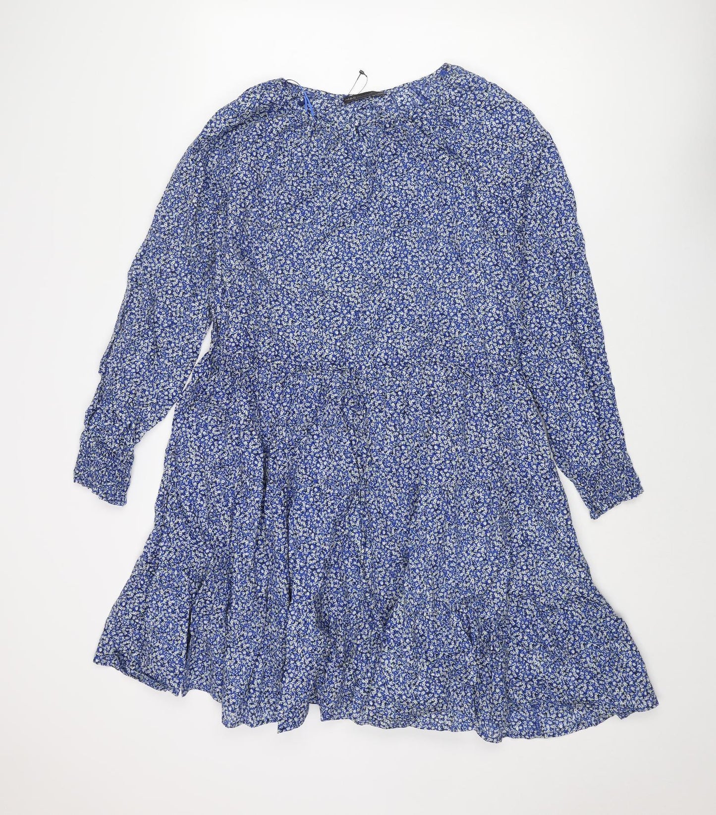 Marks and Spencer Womens Blue Floral Cotton A-Line Size 12 Round Neck Button - Drawstring Waist