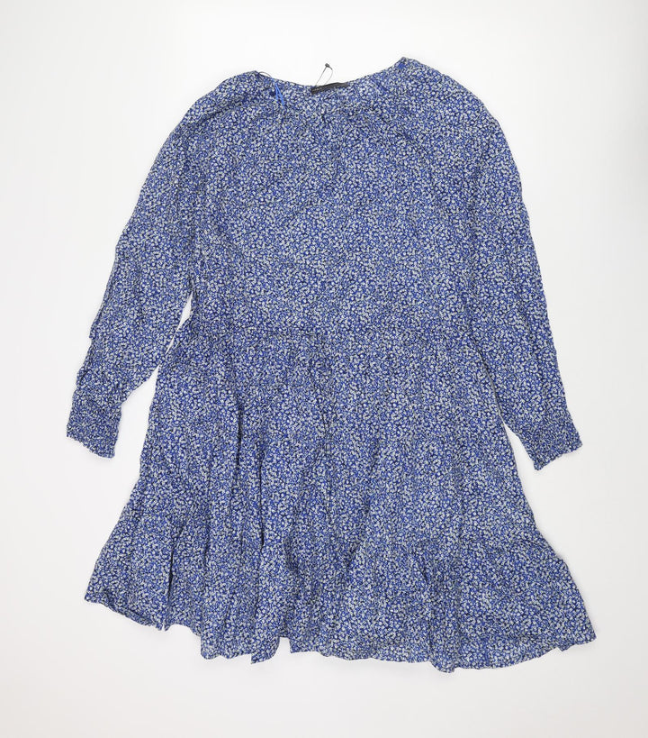 Marks and Spencer Womens Blue Floral Cotton A-Line Size 12 Round Neck Button - Drawstring Waist
