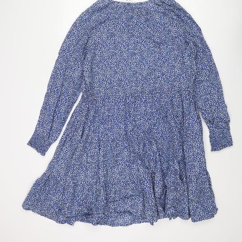 Marks and Spencer Womens Blue Floral Cotton A-Line Size 12 Round Neck Button - Drawstring Waist