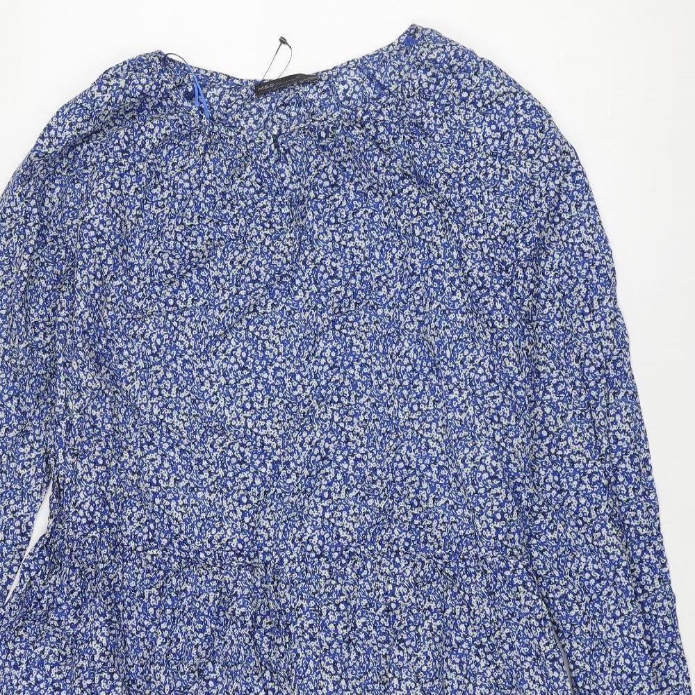 Marks and Spencer Womens Blue Floral Cotton A-Line Size 12 Round Neck Button - Drawstring Waist