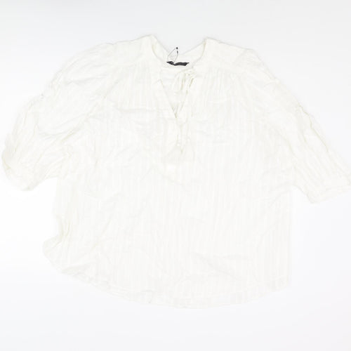 Marks and Spencer Womens White Striped Cotton Basic Blouse Size 20 V-Neck - Bow Tassle