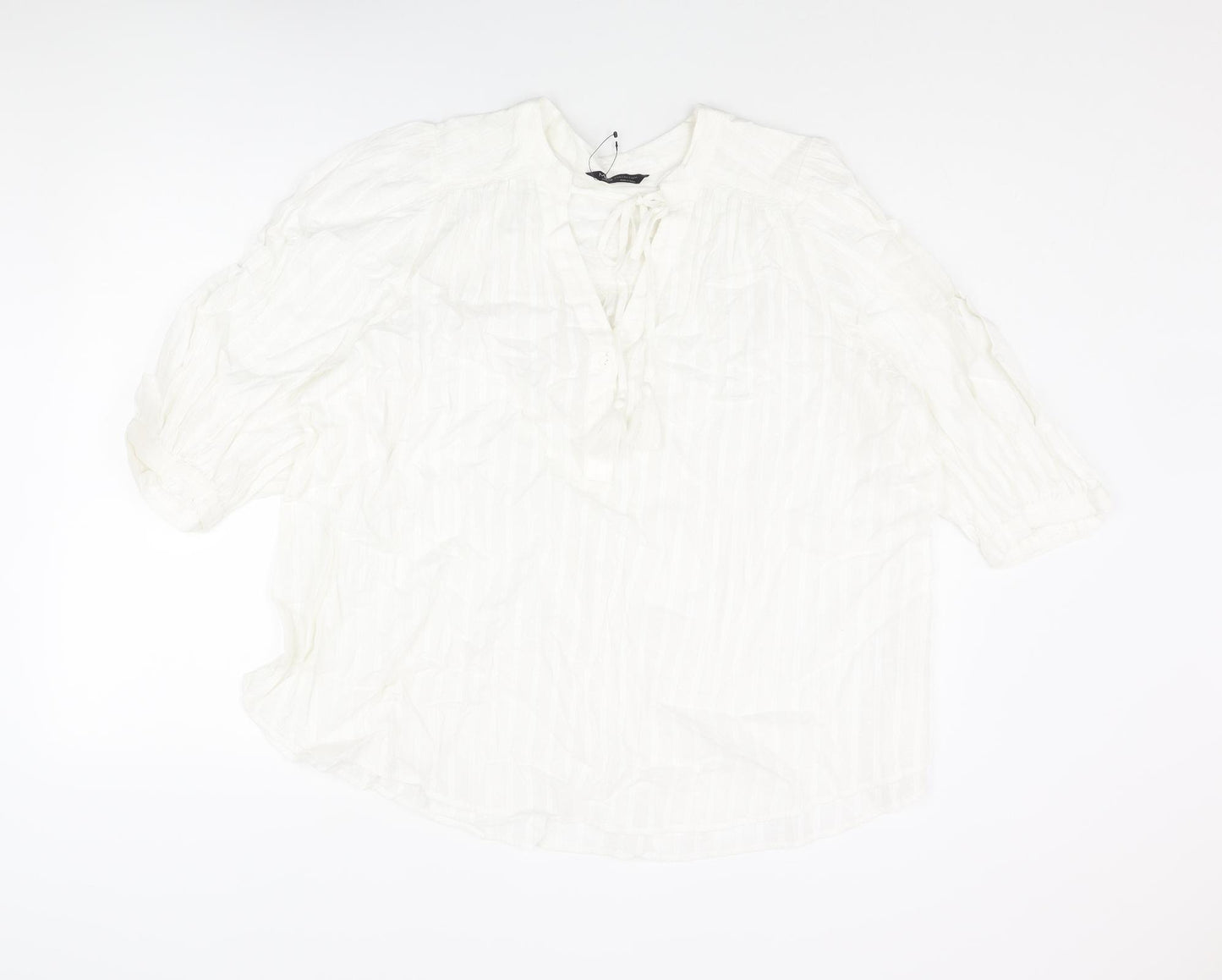 Marks and Spencer Womens White Striped Cotton Basic Blouse Size 20 V-Neck - Bow Tassle