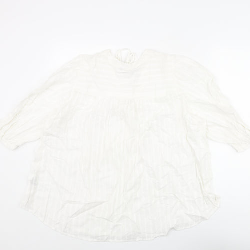 Marks and Spencer Womens White Striped Cotton Basic Blouse Size 20 V-Neck - Bow Tassle