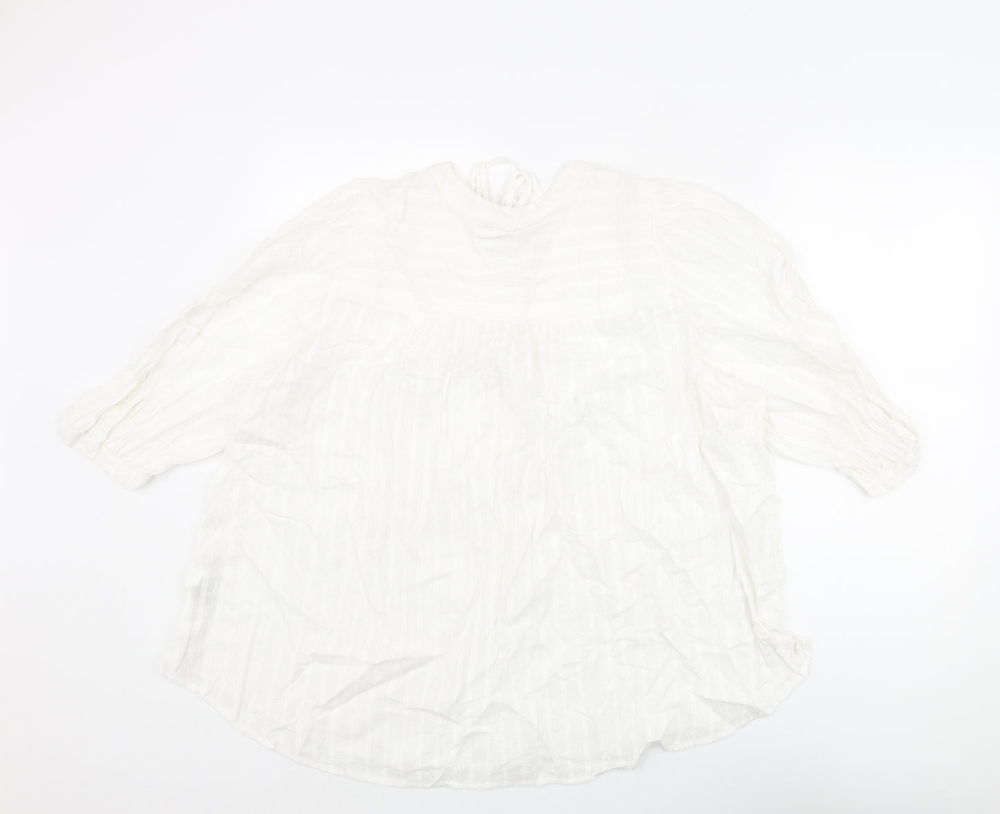 Marks and Spencer Womens White Striped Cotton Basic Blouse Size 20 V-Neck - Bow Tassle