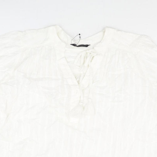 Marks and Spencer Womens White Striped Cotton Basic Blouse Size 20 V-Neck - Bow Tassle