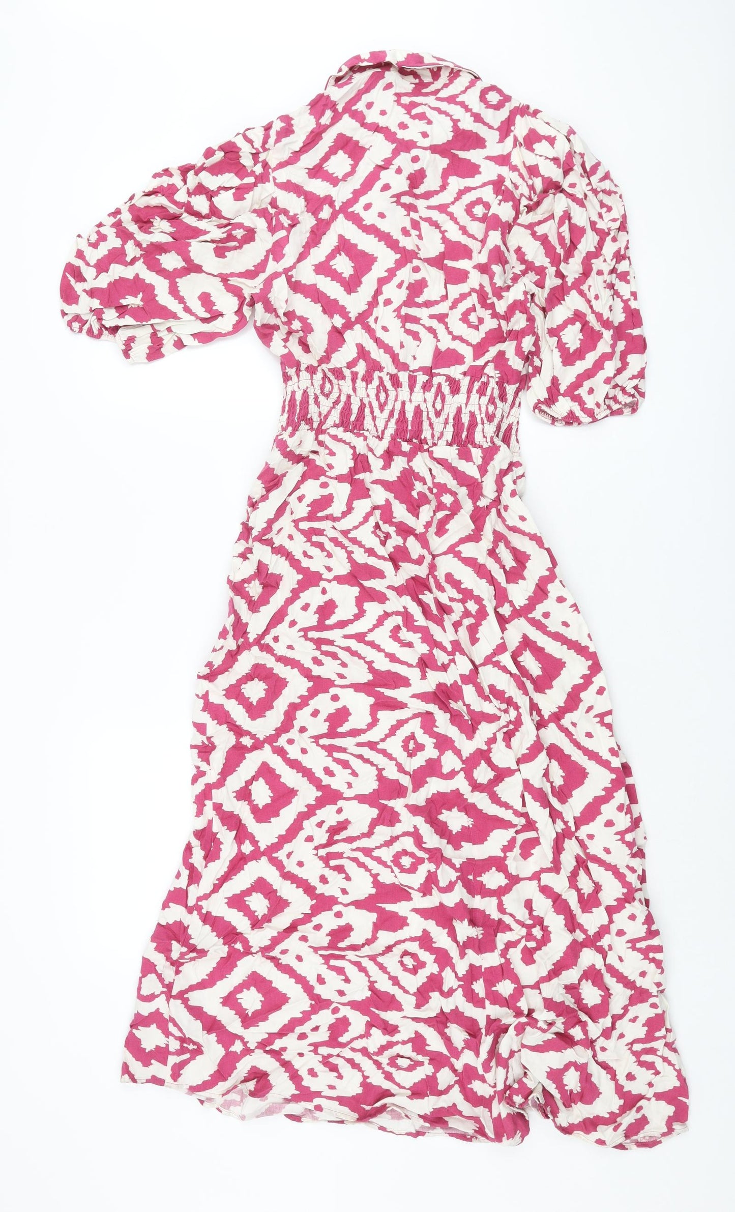 Marks and Spencer Womens Pink Geometric Viscose Shift Size 8 Collared Button