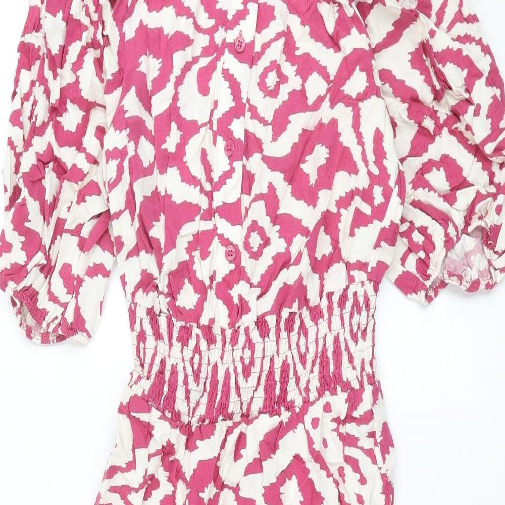 Marks and Spencer Womens Pink Geometric Viscose Shift Size 8 Collared Button