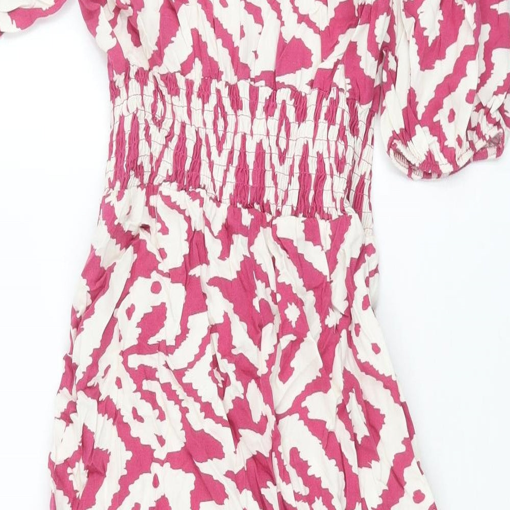 Marks and Spencer Womens Pink Geometric Viscose Shift Size 8 Collared Button