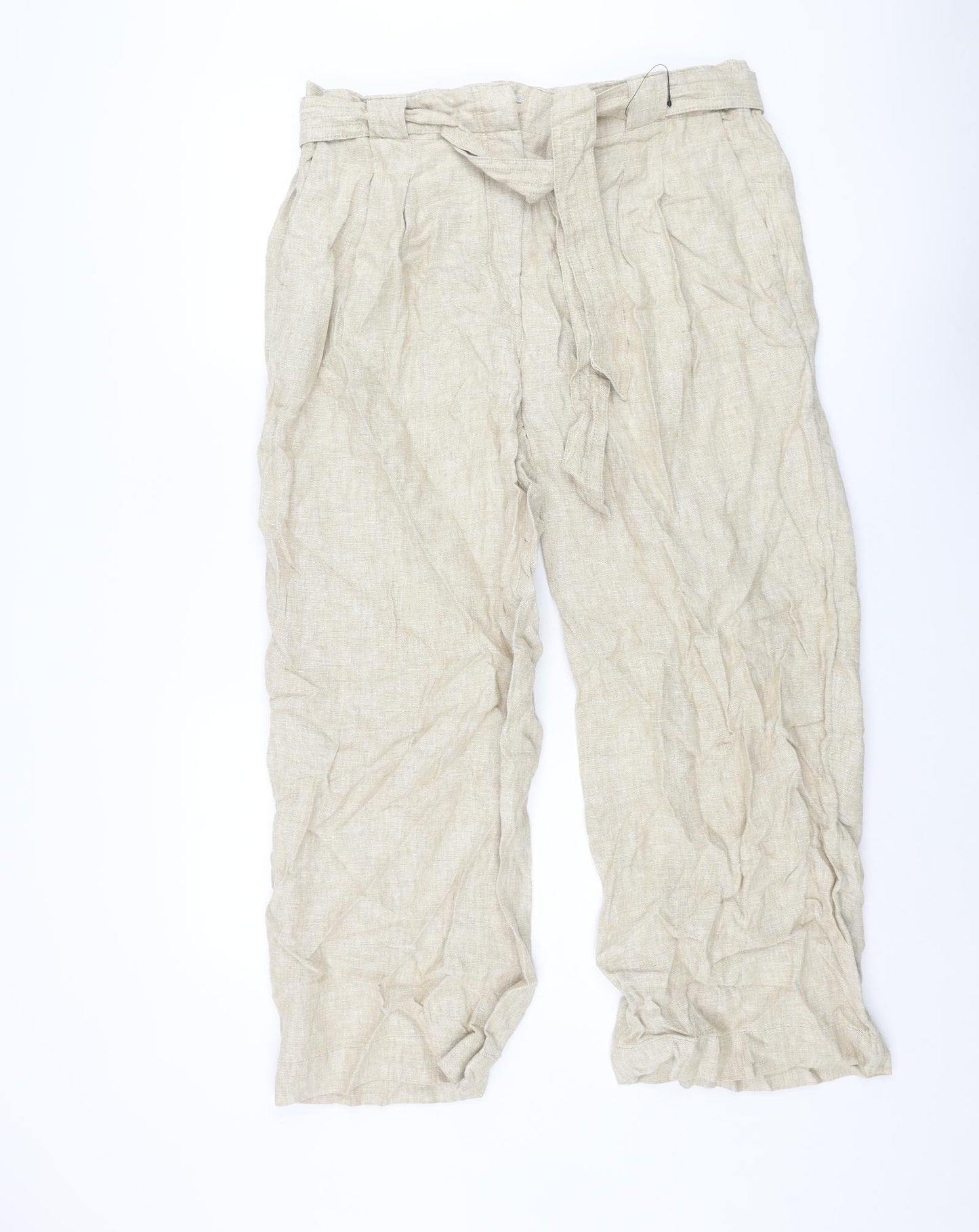 Marks and Spencer Womens Beige Linen Trousers Size 20 L29 in Regular Zip - Belted