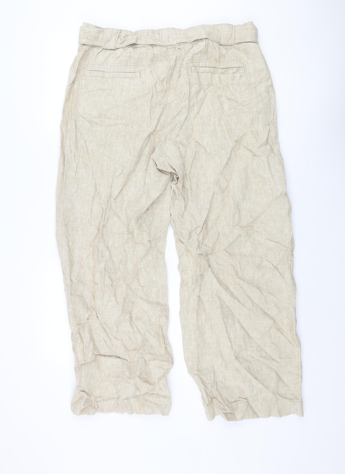 Marks and Spencer Womens Beige Linen Trousers Size 20 L29 in Regular Zip - Belted
