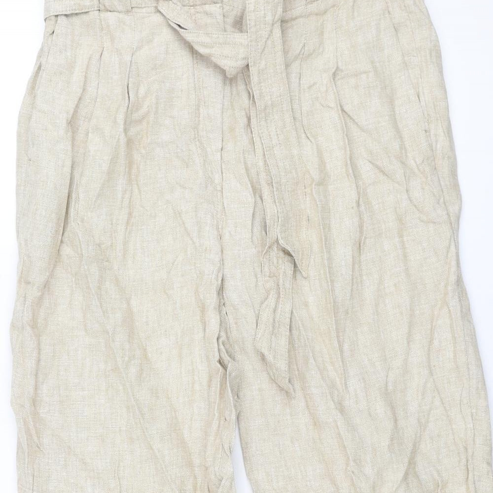 Marks and Spencer Womens Beige Linen Trousers Size 20 L29 in Regular Zip - Belted