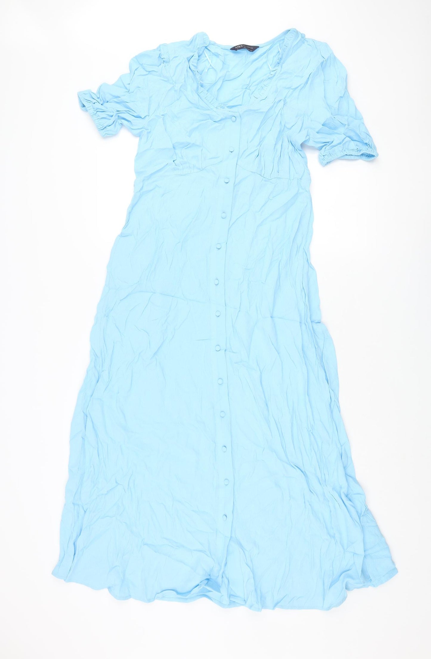 Marks and Spencer Womens Blue Viscose Shift Size 12 V-Neck Button - Belted