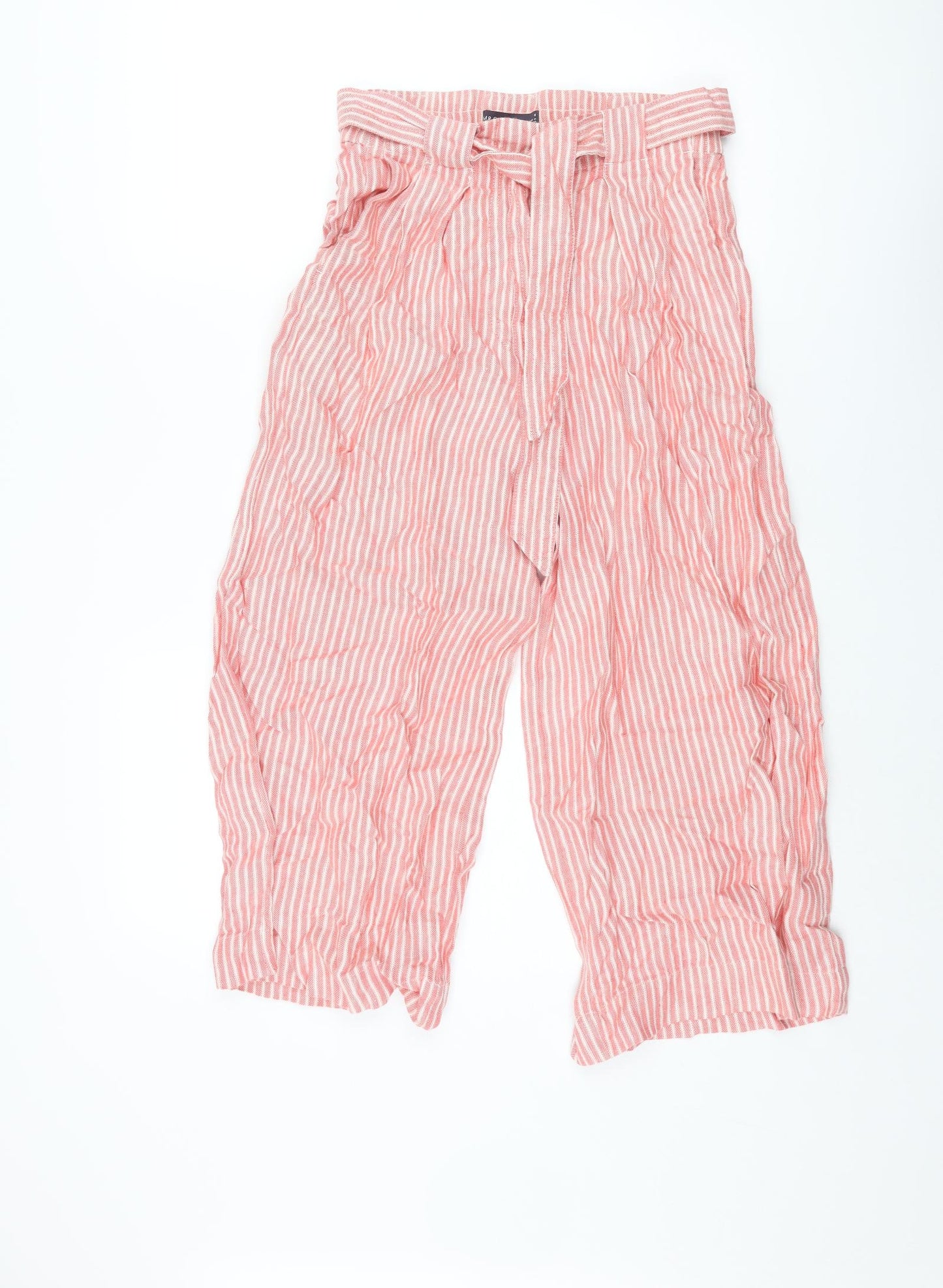 Marks and Spencer Womens Red Striped Linen Cropped Trousers Size 8 L22 in Regular Zip - Belted