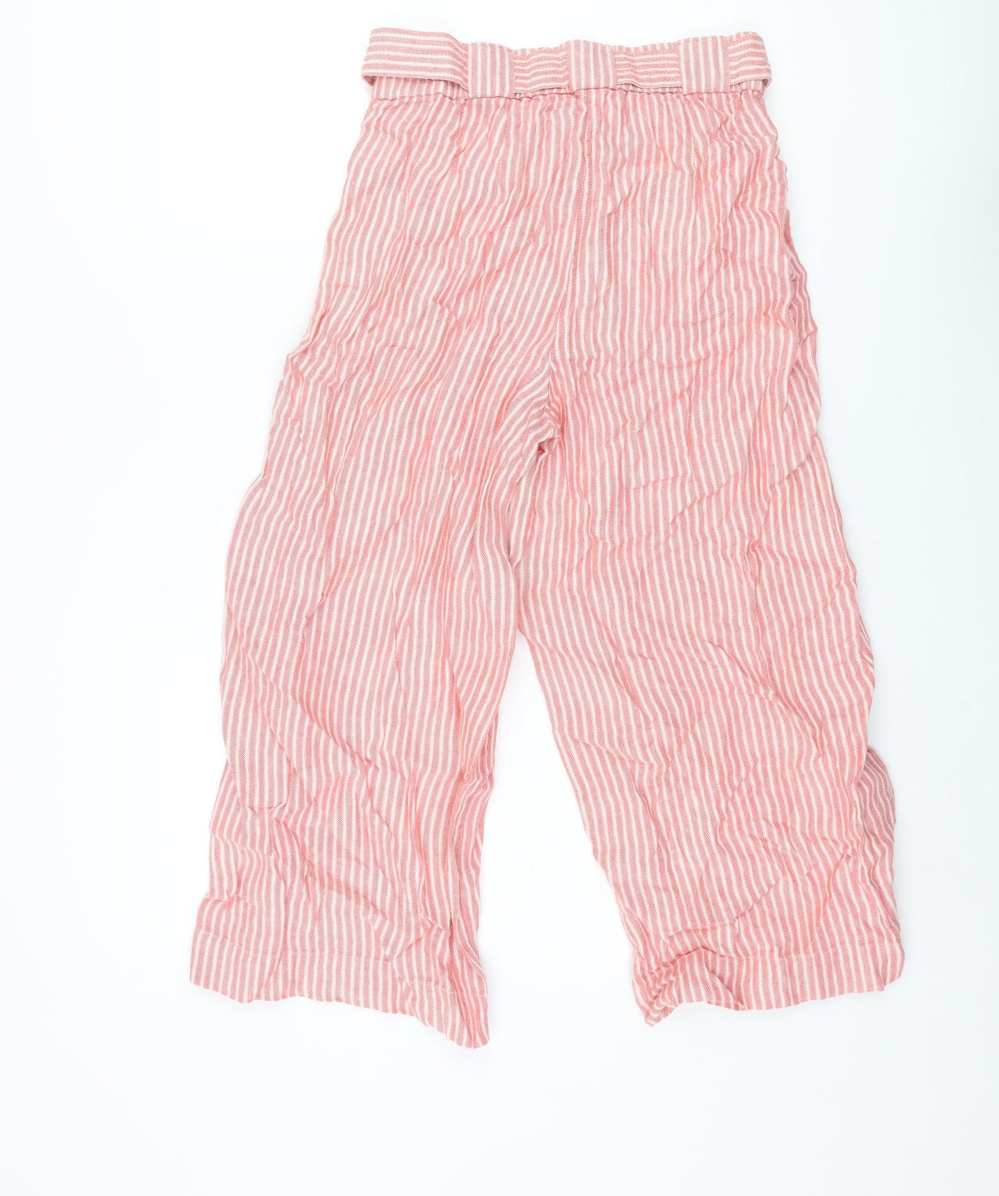 Marks and Spencer Womens Red Striped Linen Cropped Trousers Size 8 L22 in Regular Zip - Belted