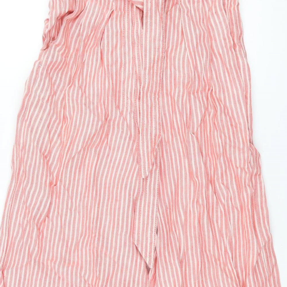 Marks and Spencer Womens Red Striped Linen Cropped Trousers Size 8 L22 in Regular Zip - Belted