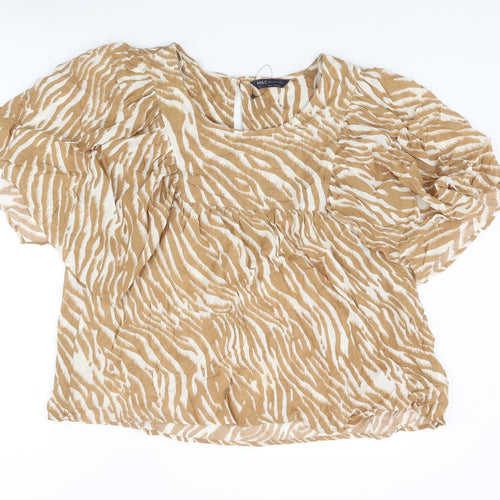 Marks and Spencer Womens Brown Animal Print Cotton Basic Blouse Size 20 Round Neck - Tiger Print Frill
