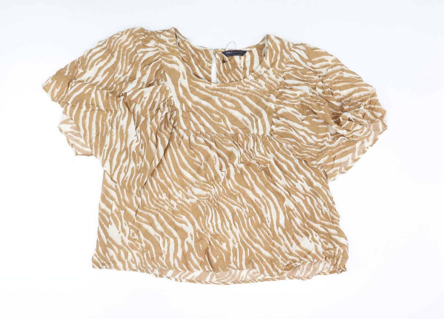 Marks and Spencer Womens Brown Animal Print Cotton Basic Blouse Size 20 Round Neck - Tiger Print Frill