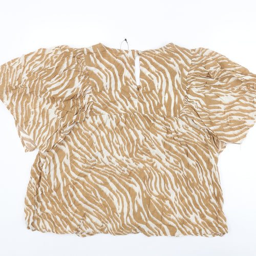 Marks and Spencer Womens Brown Animal Print Cotton Basic Blouse Size 20 Round Neck - Tiger Print Frill