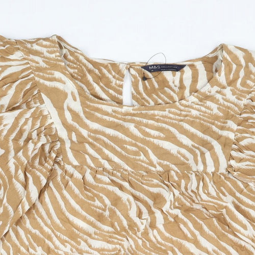Marks and Spencer Womens Brown Animal Print Cotton Basic Blouse Size 20 Round Neck - Tiger Print Frill